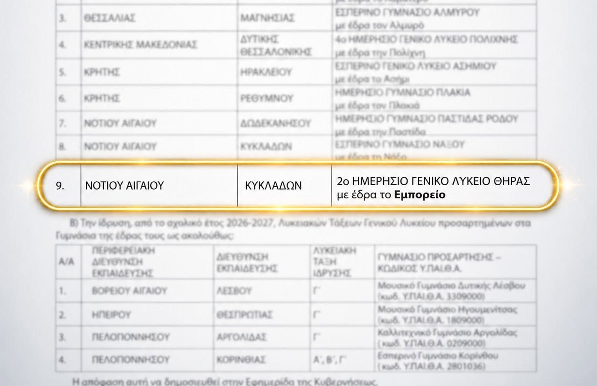 Σαντορίνη: Ιδρύεται το 2ο Γενικό Λύκειο Θήρας στο Εμπορείο